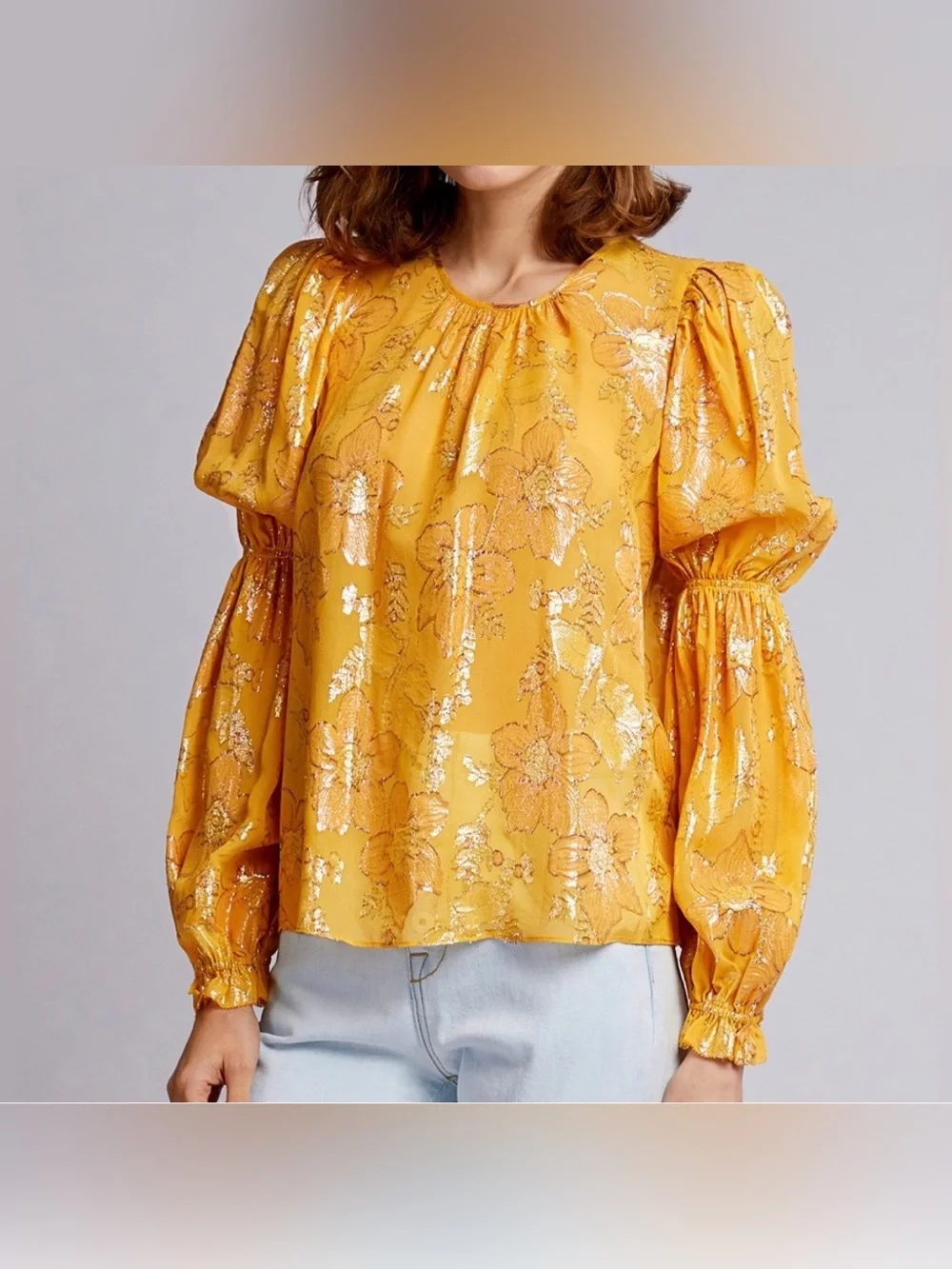 Ulla Johnson Aster Mustard Floral Metallic Long Sleeve Blouse | Size 4